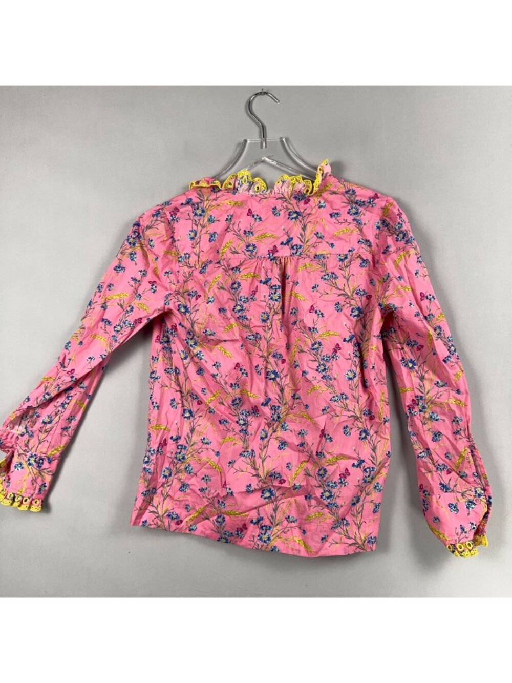 J.Crew Poplin Ruffle Blouse Size XS 100% Cotton Pink Wheat Bouquet Floral Print - Picture 6 of 13